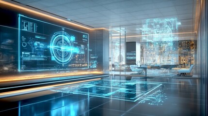 Aufkleber - Futuristic office interior features high-tech holographic displays and sleek design. This space combines innovation with modern aesthetics. Perfect for technology and business concepts. AI