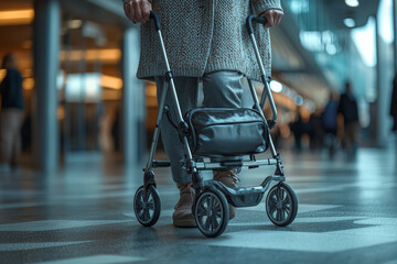 Sticker - An elderly person using a walker to support their movement, reflecting the challenges of mobility and balance issues often seen in older adults.