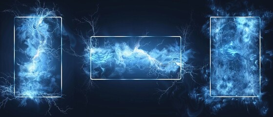 Lightning frames, blue electric borders of rectangular and square shapes with thunder bolt effect