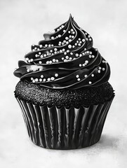 Wall Mural - A black cupcake with swirled frosting and white sprinkles, presented in monochrome.