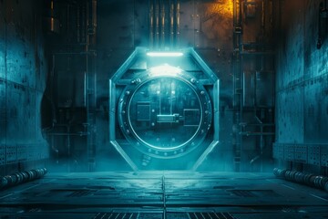 Poster - futuristic metallic door is opening in a mysterious industrial environment with smoke and blue and y