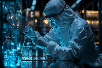 Poster - a scientist conducting an experiment in a biosafety lab with a focus on developing vaccines, showcas