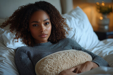 Poster - A person lying in bed with a heating pad on their abdomen, indicating relief from menstrual cramps or pelvic pain. Concept of menstrual cramps and pain management.