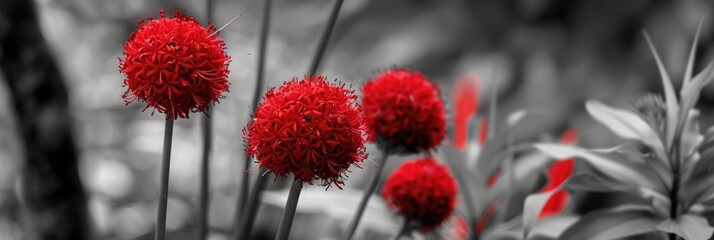 Sticker - Monochrome depiction of a Red Sphere Flower, also known as Fireball Lily or Scadoxus Multiflorus, in an outdoor space.