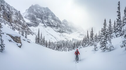 Poster - A skier navigates through deep snow in a misty mountain valley, surrounded by towering trees and rugged peaks during winter