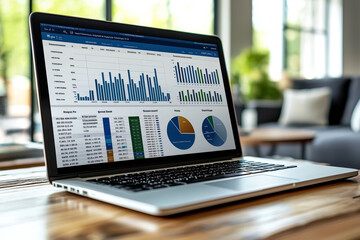 Poster - a detailed financial report with graphs and pie charts displayed on a laptop screen, emphasizing the