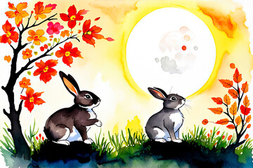 Hand-drawn illustration of mid-autumn festival with cute rabbits looking at full moon against autumn landscape with colorful trees