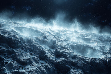 Poster - a close-up of the surface of an icy moon with geysers of water vapor shooting into space, highlighti