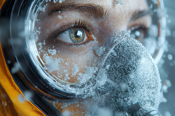 Poster - a close-up of a respiratory mask filter showing particles captured from the air, illustrating the ef