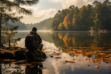 Wall Mural - A quiet lakeside scene with a person fishing, reflecting a moment of calm and patience. Concept of solitude and meditative practice. Generative Ai.