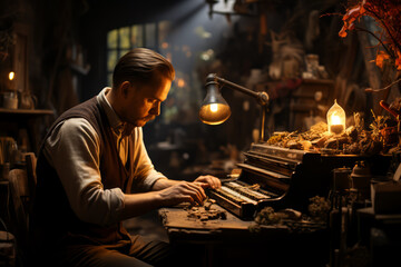 Poster - A writer typing on an old typewriter in a cozy attic, the scene evoking nostalgia and focus. Concept of literary creativity and introspection. Generative Ai.