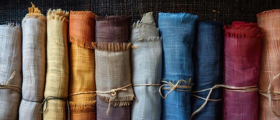 Linen fabric rolls arranged in a row, ideal for banners or posters