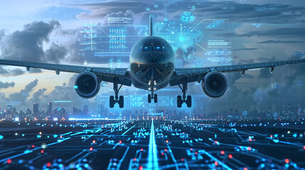 Airplane Landing on Digital Runway with Futuristic Data Overlay
