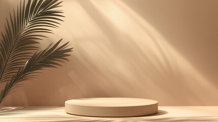 Poster - Elegant beige backdrop with a circular pedestal and palm leaves casting soft shadows in warm natural light