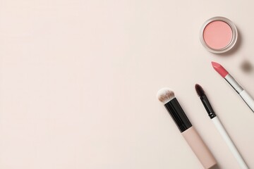 Leinwandbilder - A neatly arranged set of cosmetic products showcases lipstick, brushes, and powder on a soft, light background for beauty lovers. Generative AI