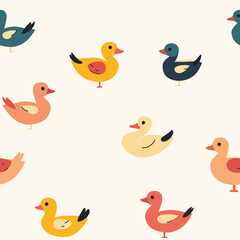 Wall Mural - Cute seamless pattern with flat design ducks, pastel background