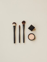 Leinwandbilder - Cosmetic products are neatly arranged, featuring lipstick, brushes, and powder on a soft light background for a sleek aesthetic. Generative AI