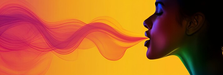 Wall Mural - A vibrant silhouette of a woman exhaling colorful smoke against a gradient background.