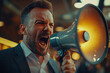 © Fernando Cortés - Furious CEO berates worker with megaphone in close-up office confrontation. Tension, conflict, and workplace pressure depicted in intense scene.