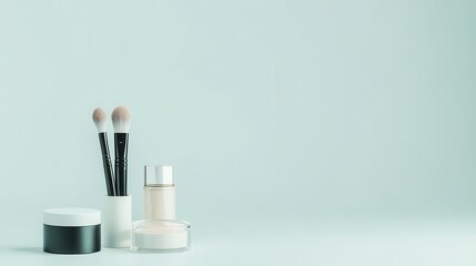 Leinwandbilder - A minimalist display features essential cosmetic products like lipstick, brushes, and powder organized neatly on a light background. Generative AI