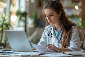 Dedicated Young Nurse Focuses on Patient Care at Clinic Desk, Juggling Laptop and Paperwork with Precision