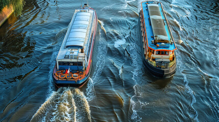 Two Cargo Boats Passing Each Other in a River