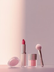 Poster - A stylish display of cosmetic products including lipstick, powder, and brushes is set against a soft light background, creating an elegant look. Generative AI