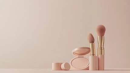 Aufkleber - This setup showcases an elegant display of essential cosmetic items like lipstick and makeup brushes against a soft backdrop. Generative AI