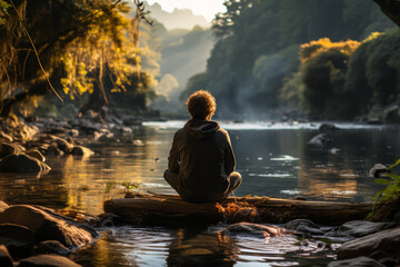 Sticker - A person sitting by a river, their thoughts flowing freely like the water. Concept of natural meditation and mental clarity. Generative Ai.