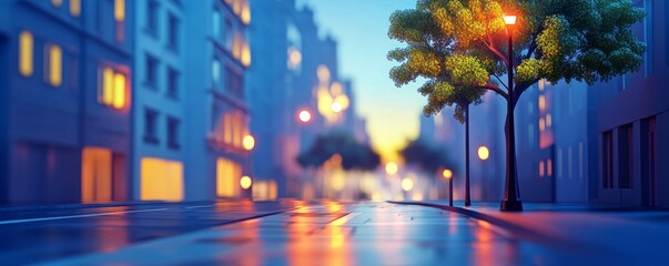 A serene urban street scene at dusk, featuring warm lights reflecting on wet pavement and lush greenery.