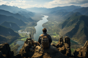 Poster - a person enjoying a moment of stillness at the edge of a cliff, the vast view inspiring deep thought
