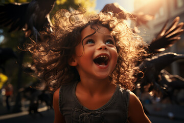 Canvas Print - A child's raven hair glistening under the sun as they play in the park. Concept of youthful energy and joy. Generative Ai.