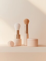 Poster - A stylish collection of cosmetic products features lipstick, makeup brushes, and powder set against a softly lit backdrop. Generative AI