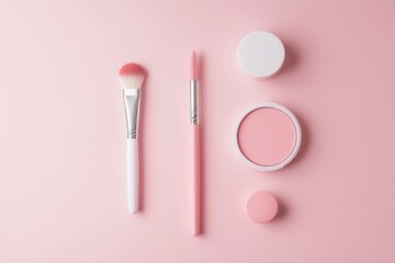 Aufkleber - Cosmetic products including brushes and blush are neatly arranged on a light pink background, showcasing a sleek beauty aesthetic. Generative AI