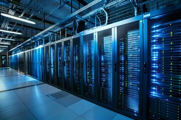 Poster - shot of a modern data center with rows of server racks working
