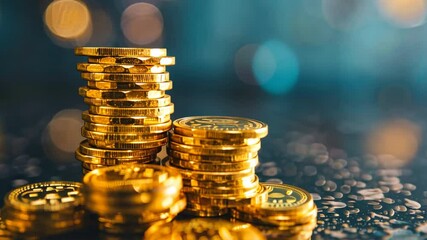 Aufkleber - A pile of gold coins on a table. The coins are stacked on top of each other, creating a sense of wealth and abundance. The image conveys a feeling of prosperity and success
