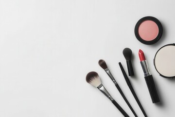 Poster - A minimalist setup features a lipstick, makeup brushes, and powder, elegantly arranged on a soft light background. Generative AI