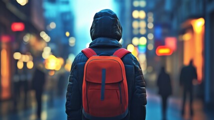 A person stands alone in an urban setting at dusk, highlighting a sense of solitude and reflection with a vibrant backpack.