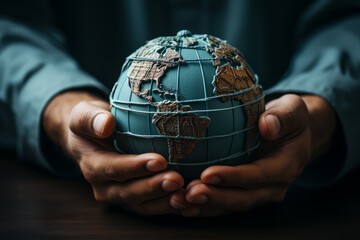 Poster - A pair of hands cradling a miniature Earth with bandages wrapped around it. Concept of healing the planet. Generative Ai.