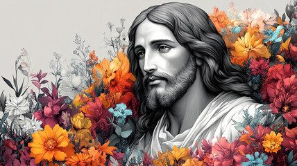 Jesus in flowers. Coloring book.