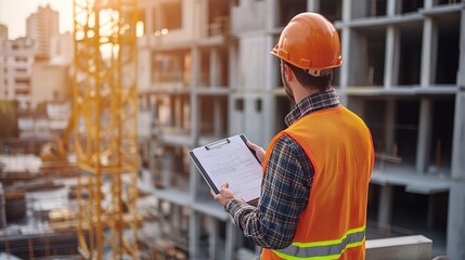 Poster - Man builder. Architect at construction site. Builder with tablet computer and papers. Man inspector checks quality of construction. copy space for text.