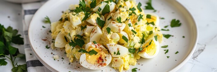 Canvas Print - Spicy boiled egg salad presented on a white dish