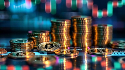 Aufkleber - A pile of coins and a bitcoin coin on a table. The coins are stacked on top of each other, with the bitcoin coin in the middle. Concept of wealth and prosperity