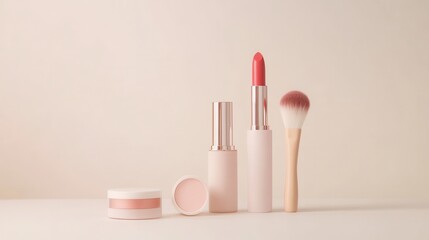 Poster - A stylish setup featuring lipstick, makeup brushes, and powder, perfect for beauty lovers looking for minimalist inspiration. Generative AI