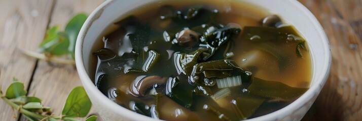 Canvas Print - Homemade miso soup featuring wakame, onion, and shimeji mushrooms.