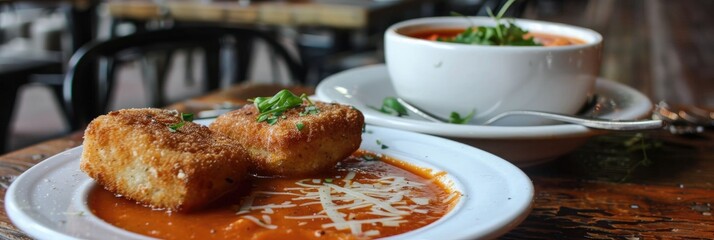 Wall Mural - Golden Brown Croquette Chicken Sandwich with Tomato Soup Lunch Special