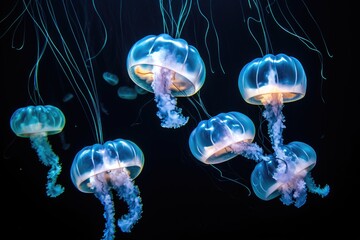 3D illustration of jellyfish background. A jellyfish swims in the ocean, light passes through the water, creating the effect of volumetric rays. Dangerous blue jellyfish