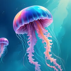 Wall Mural - Iridescent Jellyfish Under Water Painting Beautiful Ocean Animal Background Graphic Design