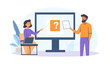 © Prasanth - Illustration of two people having a video meeting, with one holding out their hand and the other presenting some documents on the screen Stock