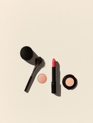 Poster - A simple arrangement features lipstick, makeup brushes, and powder on a light surface, showcasing beauty essentials with a clean aesthetic. Generative AI